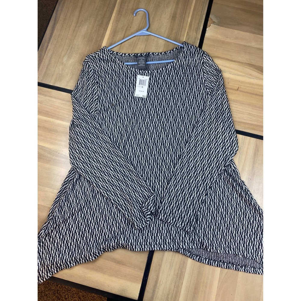 Chelsea & Theodore Textured Knit Tunic Top Black White XXL Long Sleeve Flare